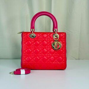 Dior Bi-Color Leather Lady Dior Medium Shoulder Bag - Red Quilted Design
